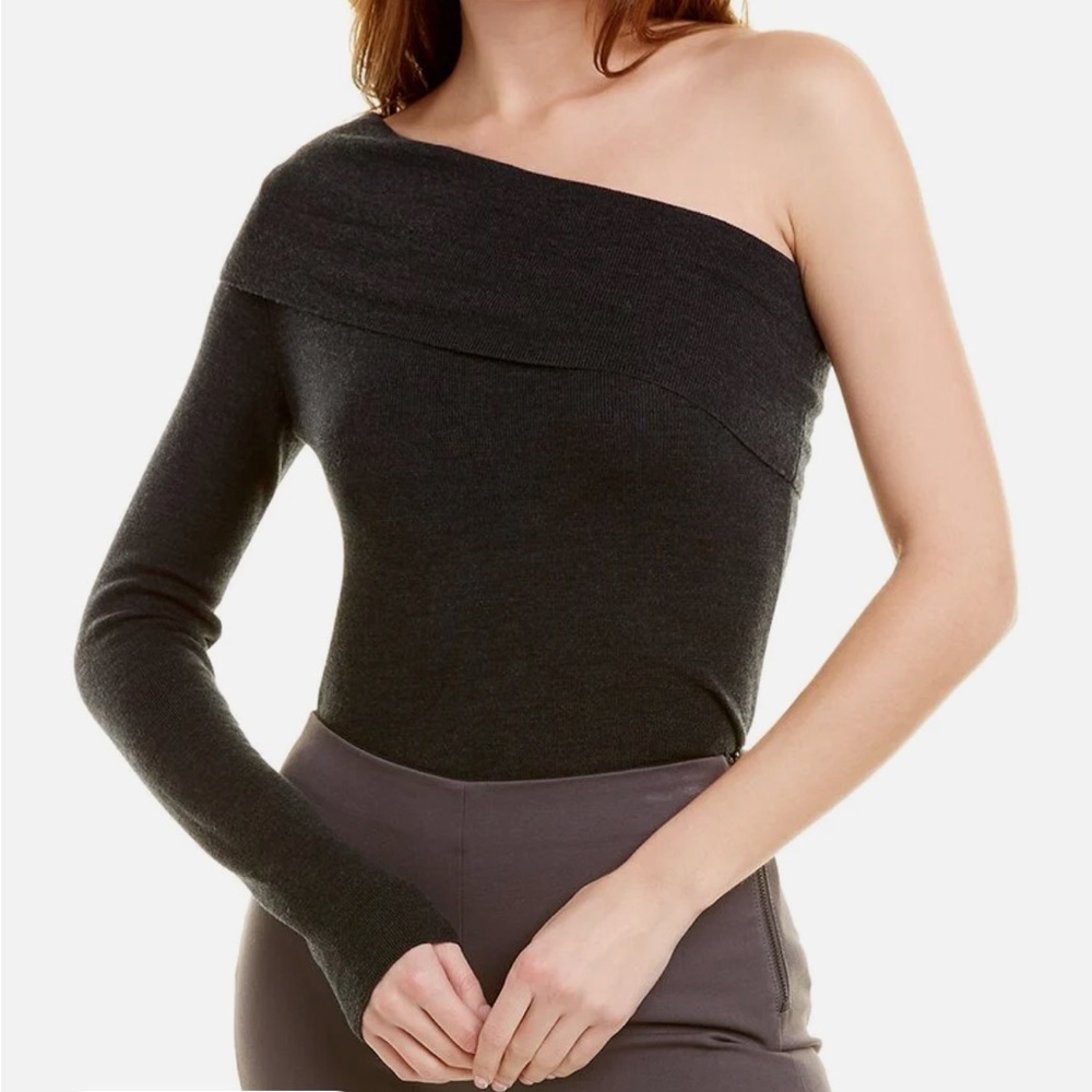 Halston Sky One Shoulder Sweater Top in Black Charcoal
